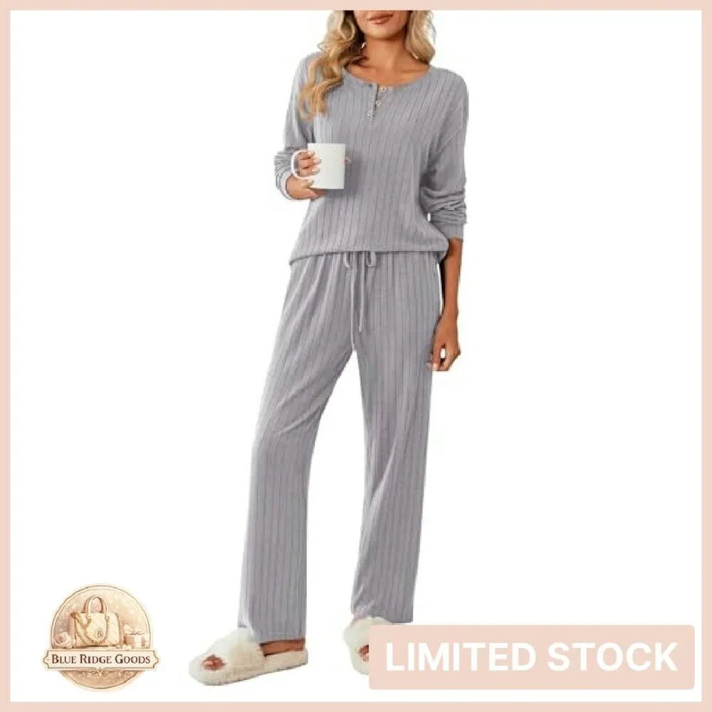 Ribbed Knit Button Down Pajama Set Cozy Lounge Wear Long Sleeve Sleepwear